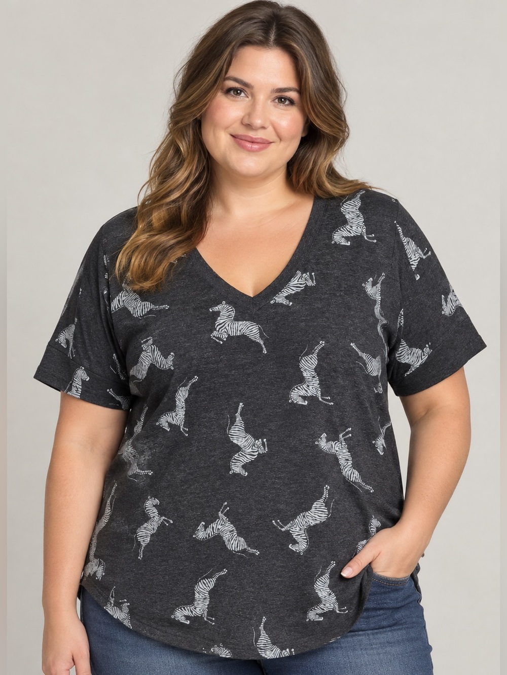 Jane and Delancey Charcoal V-Neck Zebra Print Short Sleeve Top - Size 1X
